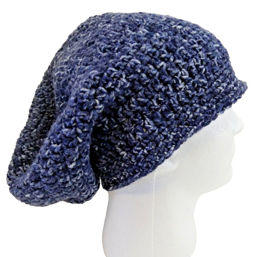 Blue Tweed Slouchy OS Adult Long Soft Winter Hat Handmade Crochet Hand Knit NWT